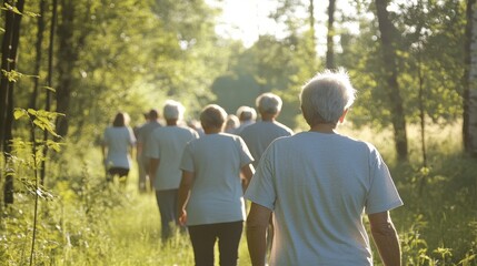 Fototapeta premium Senior citizens enjoy a peaceful walk in a beautiful nature reserve surrounded by tall trees