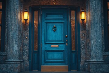 A Vintage Blue Door with Brass Accents and Sidelights on a Stone Building