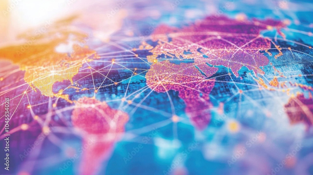Poster a world map with bright, interconnecting lines illustrating the global web of trade routes and finan