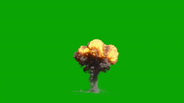 Ground explosion blast in the shape of a mushroom cloud, three different speeds, including slow motion, 4k 25p, green screen for transparent background