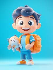 Fototapeta premium 3D character, a happy student with a backpack going to school