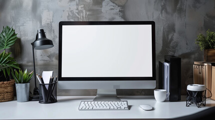 Fototapeta premium Computer blank screen on table in modern office.