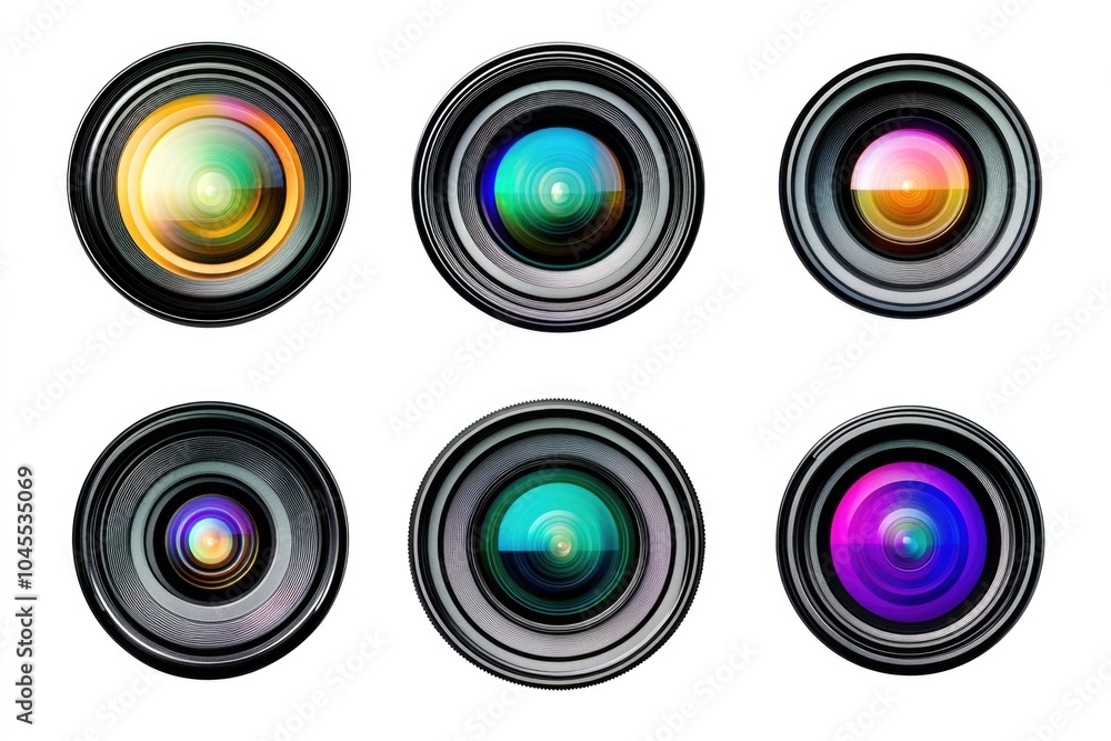 Poster a set of four colorful camera lenses with different colors and designs, ideal for photography or art