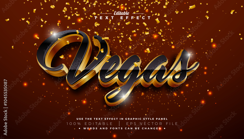 Poster vegas 3d text effect design editable and scalable vector graphic style effect with gold and black ty