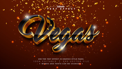 Vegas 3D Text Effect Design Editable and Scalable Vector Graphic Style Effect with Gold and Black Typography Lettering and Falling Confetti on Shiny Background. Premium Luxury Casino Illustration