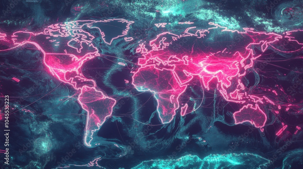 Poster a world map with bright neon lines linking continents, showing global commerce routes across the oce