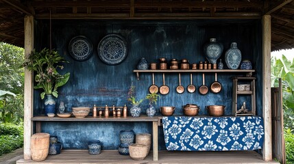 A rustic outdoor kitchen with copper pots, blue and white ceramic dishes, and wooden furniture.