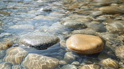 Obraz premium Smooth Stones in Clear Water Under Bright Sunlight