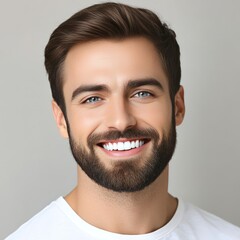 Obraz premium Portrait of a Handsome Smiling Man with a Beard on a Plain Grey Background, Perfect for Lifestyle