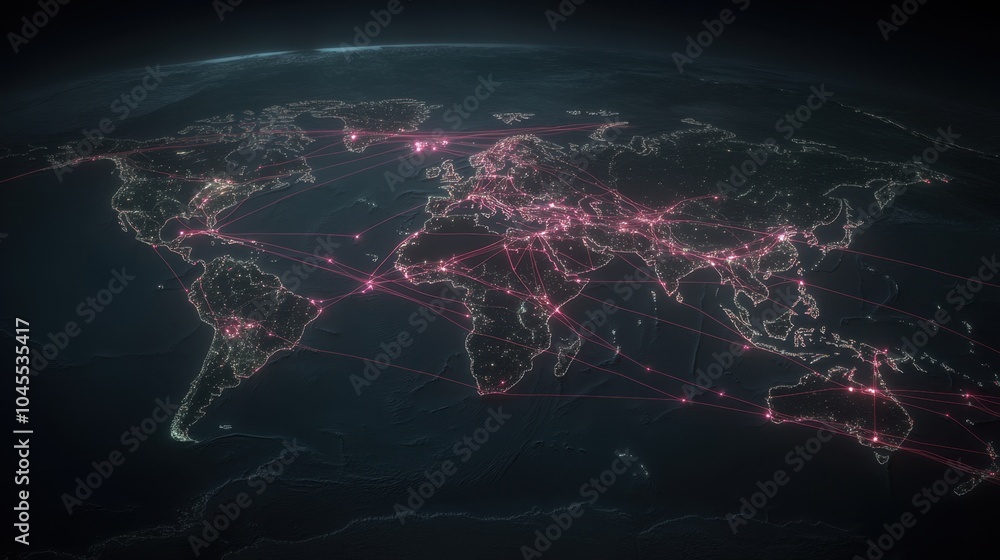 Poster a world map with bright neon lines linking continents, showing global commerce routes across the oce