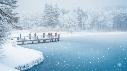 Snowy Landscape with People by a Frozen Lake