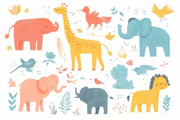 A collection of cute illustrated animals including elephants, giraffes, lions, and birds.