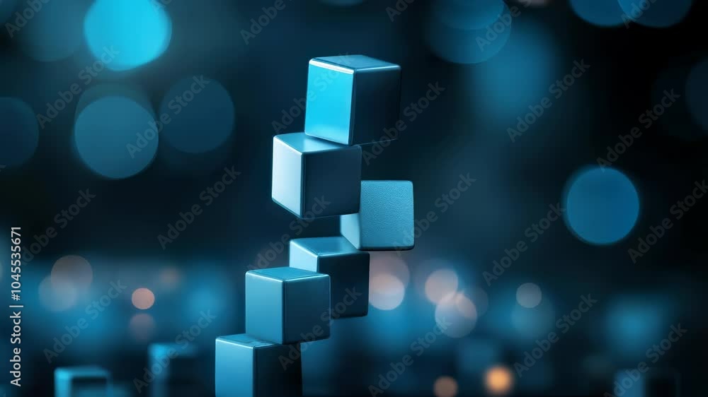 Poster hand stacking blue cubes journey of creativity, innovation, and progress in abstract development wit