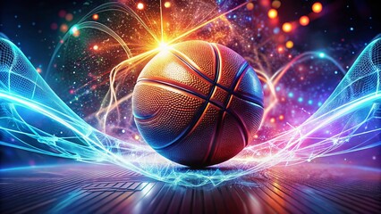 Fototapeta premium Abstract Basketball Theme with Digital Nodes and Cardiology Elements on a Deep Blue Background for Low Light