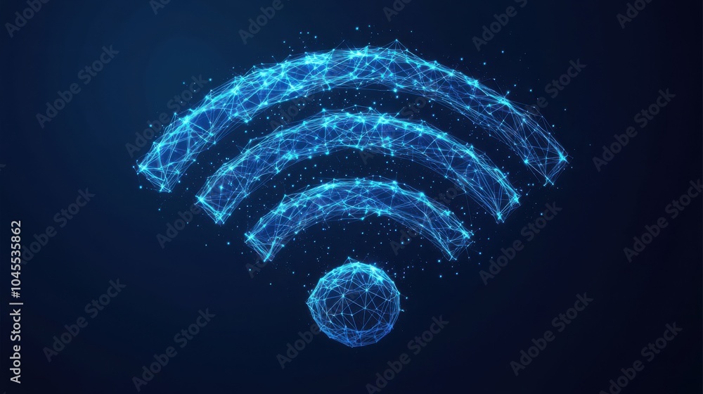 Sticker polygonal wi-fi icon. the internet concept. vector technology mesh spheres from flying debris. thin 