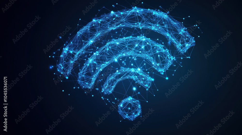Poster polygonal wi-fi icon. the internet concept. vector technology mesh spheres from flying debris. thin 
