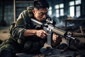 Fototapeta premium Chinese soldier crouches in an abandoned building, focused and ready, during a training exercise in a dense urban environment, showcasing tactical skills