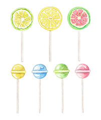 Set with multicolor candies, lollipops and sweets isolated on white background. Watercolor hand drawn illustration