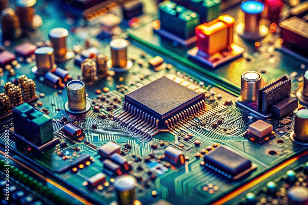 Poster abstract close-up of a computer circuit board with tilt-shift photography for technology enthusiasts
