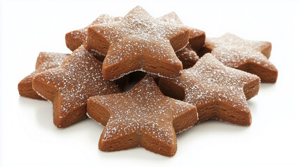 Close-up Photo of Star-Shaped Gingerbread Cookies with Powdered Sugar Topping on a White Background