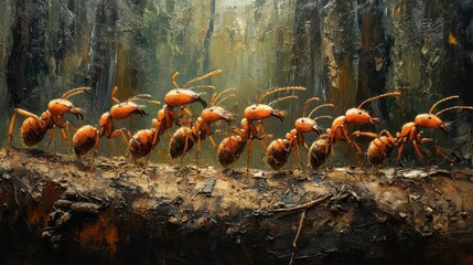 line of industrious ants traversing a textured forest floor earthy colors blending with vibrant greens conveying the essence of teamwork in nature