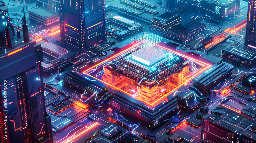 Poster aerial view of a futuristic ai chip with a holographic interface, surrounded by advanced buildings a