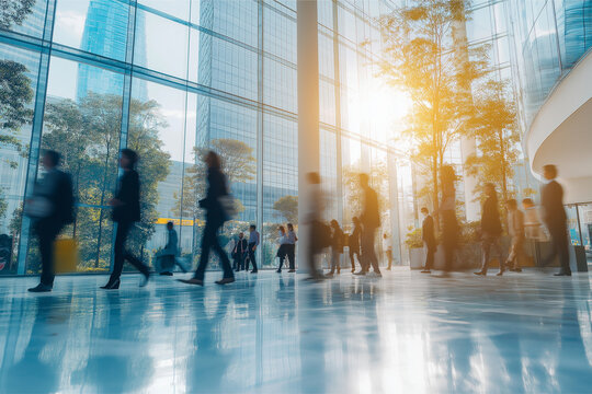 Blurred business people walking in the lobby of a modern office building.
