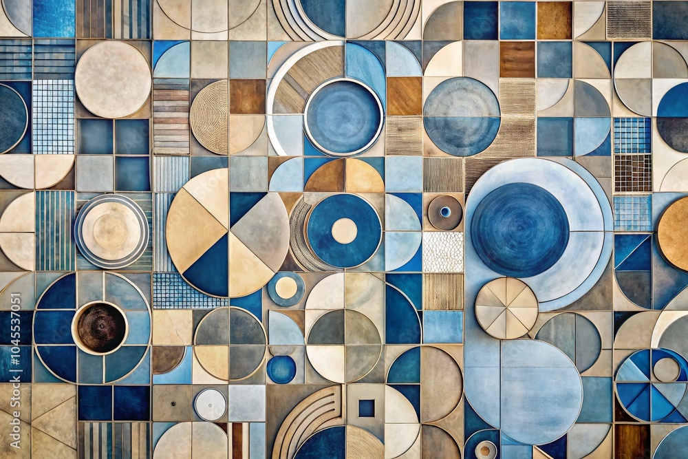 Poster abstract geometric patterns with overlapping circles and rectangles in muted tones for modern design