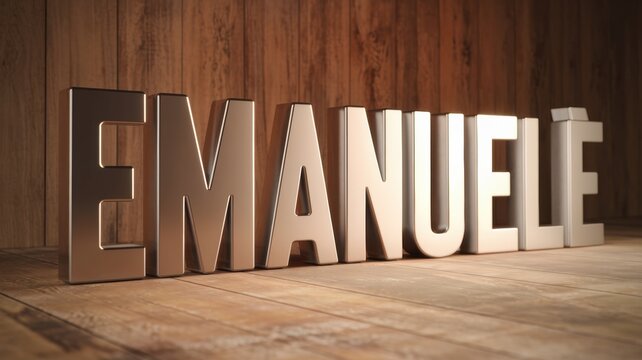 3D Text Display: The name 'Emanuele' in bold silver letters against a rustic wooden background, suitable for creative projects.