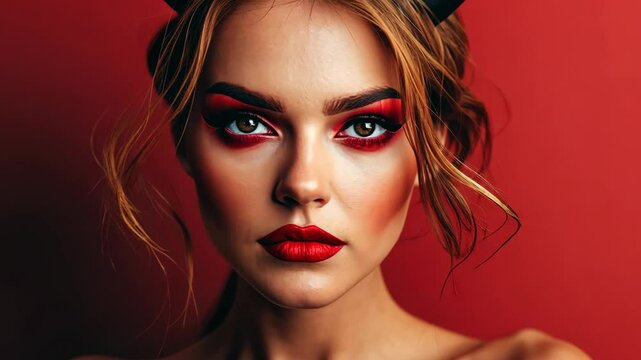 Portrait of a beautiful woman dressed as a sexy devil for halloween wearing red with devil horns Video