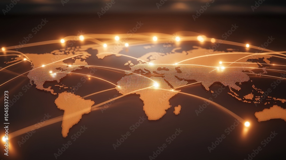 Poster a world map with illuminated lines connecting major trading hubs across the globe, symbolizing inter