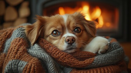 Featuring pets in warm, fireplace settings, emphasizing cozy and relaxing moments. Ideal for winter-themed social media posts and pet blogs. Detailed view of pets snuggling by the fire.