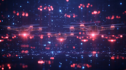 Fototapeta premium futuristic drone silhouette flying through neon lights