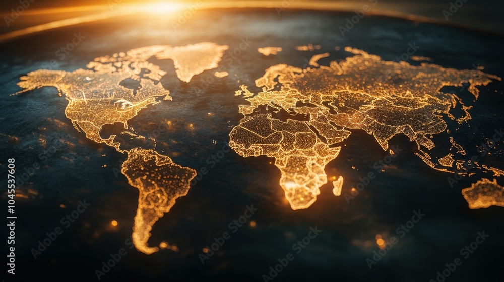 Poster a world map with illuminated trade lines connecting continents, symbolizing the vast network of glob
