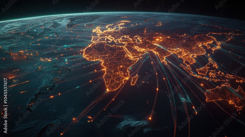 Poster a world map with illuminated trade lines connecting continents, symbolizing the vast network of glob