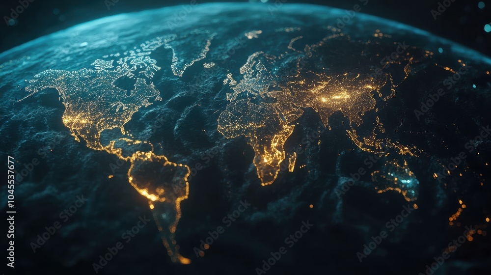 Poster a world map with illuminated trade lines connecting continents, symbolizing the vast network of glob