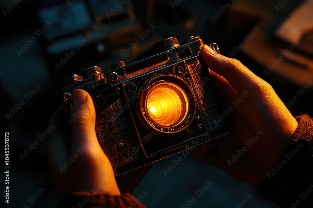 Poster a person holding a camera with a yellow light indicating recording or photography is in progress