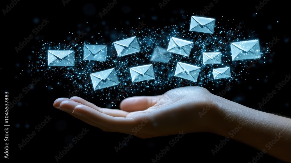 Poster a hand reaches out as shimmering envelopes magically float, symbolizing connection and communication