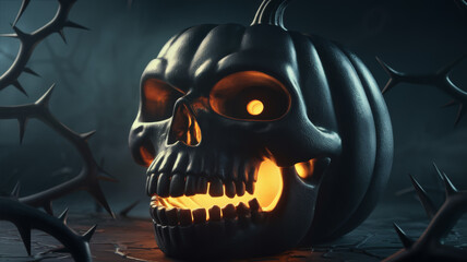 Gruselig leuchtender K&uuml;rbiskopf in Metalloptik