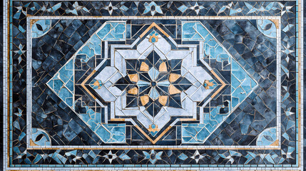 Geometric ornamented persian mosaic wall: square frame featuring blue, cyan, brown, and white ceramic tiles - mock-up for text. Mosaic Tiles. Illustration