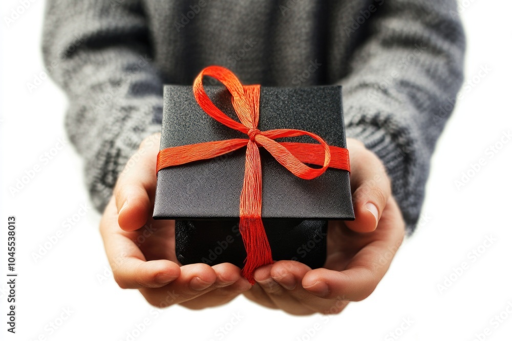 Poster A person holds a mysterious black box wrapped in a red ribbon, perfect for use in crime or mystery scenes