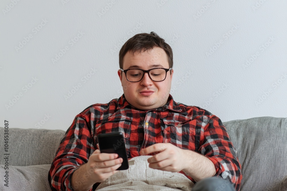 Poster a person sitting on a couch looking at their mobile device, possibly checking messages or browsing t