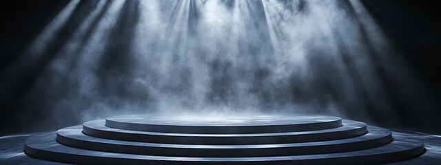 Abstract White Smoke in a Dark Room with Circular Stage – Fog Background for Dramatic or Mysterious Scene Setting
