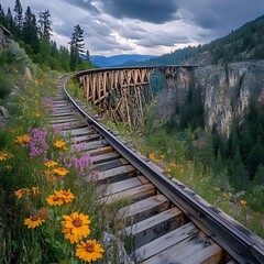 A wooden trestle bridge over a canyon with train tracks leading into the distance.