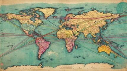 Naklejka premium A world map with multiple colorful lines crisscrossing oceans and borders, illustrating global economic exchanges.