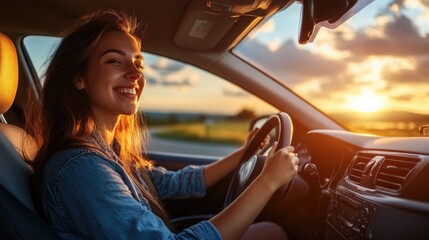 Fototapeta premium A woman behind the wheel of her car as the sun sets in the background