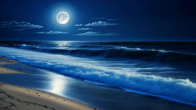 The full moon illuminates a sandy beach and rolling waves on a calm night
