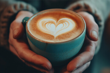 Hands holding a cup of cappuccino coffee close up.