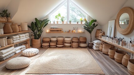 A serene attic retreat filled with natural textures and greenery for peaceful relaxation and mindfulness