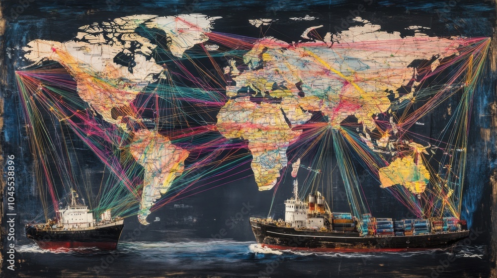 Poster a world map with vivid connecting lines, depicting trade networks and shipping routes that span the 